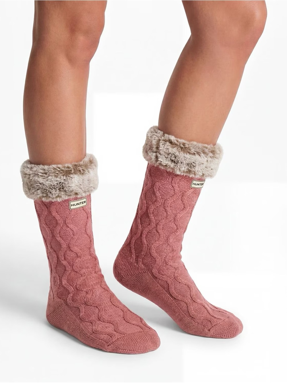 Hunter Dusty Pink Cable-Knit Socks with Faux Fur Cuff